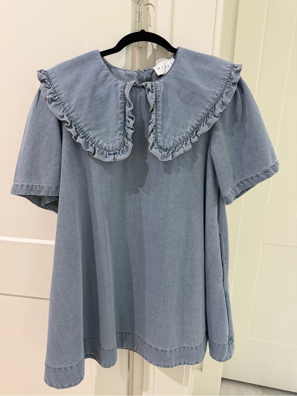 Light Blue Denim Mini Dress with Ruffle Collar
